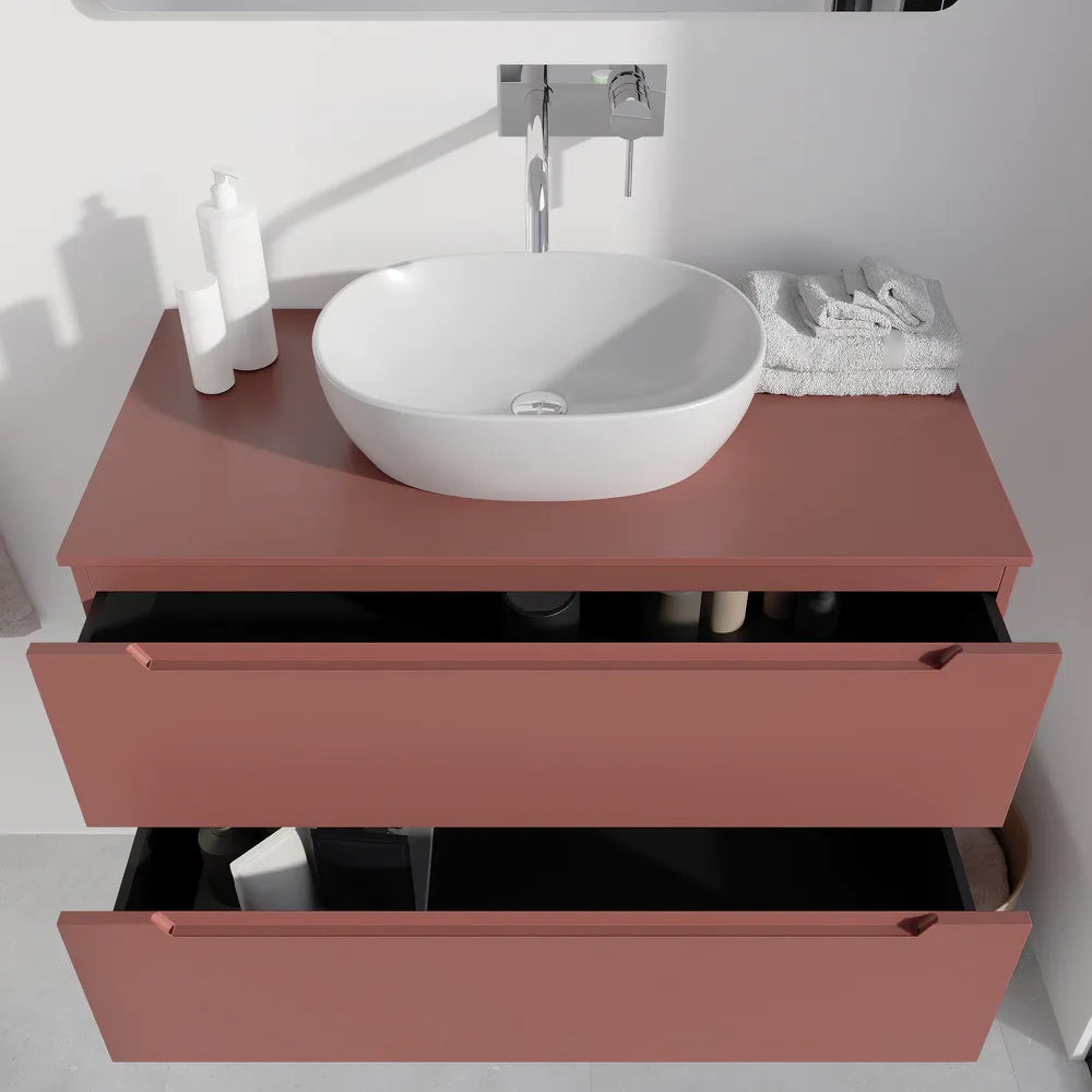 Mobile bagno sospeso 100cm terracotta due cassetti soft-close con top | Bako