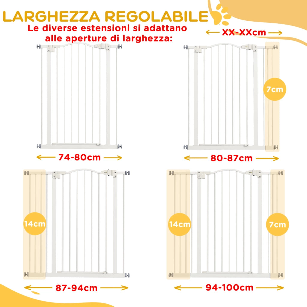 Cancelletto per Cani Estensibile con 4 Viti Regolabili, in Metallo e Plastica, 74-100x94 cm, Bianco