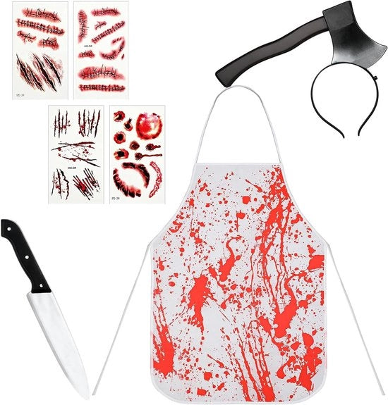 Costumi da Halloween per uomini - 7 pezzi con grembiule, maschera, ascia, cintura per la testa e tatuaggi temporanei