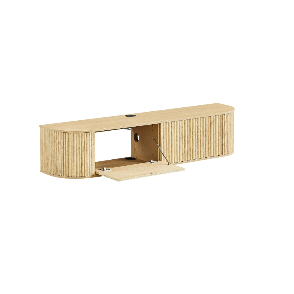 Mobile porta TV sospeso con 2 ante, passacavi e angoli arrotondati, in truciolare e MDF, naturale, 140 × 32 × 30 cm