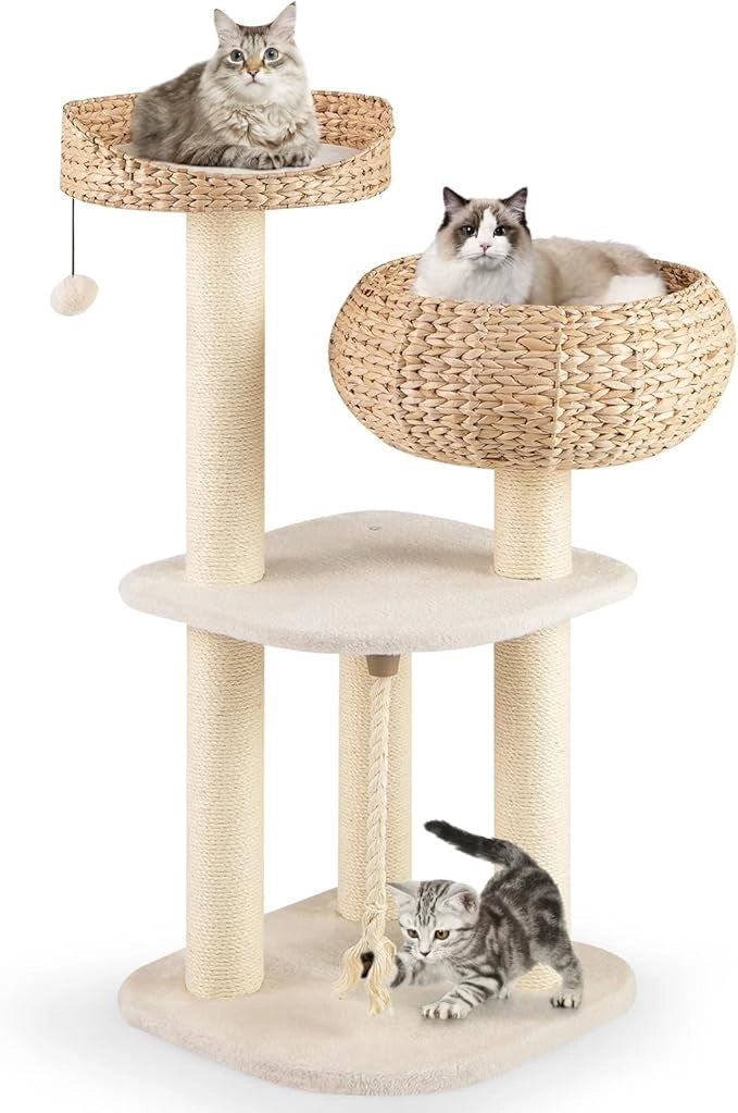 Tiragraffi per Gatti Piccoli, Tiragraffi con Cuccia, Piattaforma, Pallina e Palo in Sisal Naturale, Albero per Gatti da Divano, Salotto e Camera da Letto (Bianco)