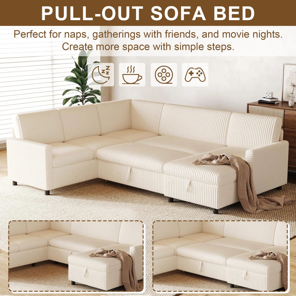 Divano panoramico a U convertibile con funzione letto e contenitore, in velluto a coste Beige