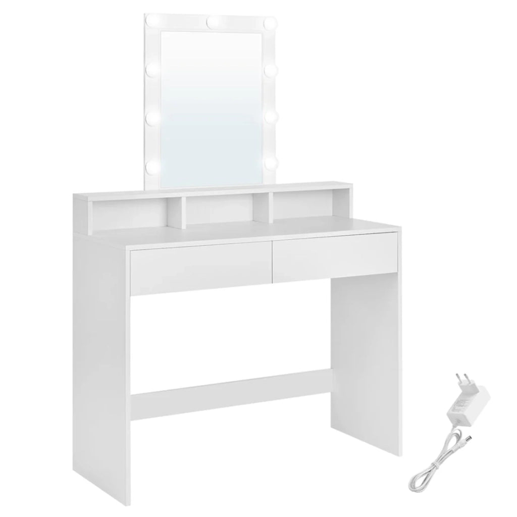 Toletta con specchio e lampadine tavolo da trucco con 2 cassetti e 3 vani portaoggetti stile moderno bianco 12_0005157