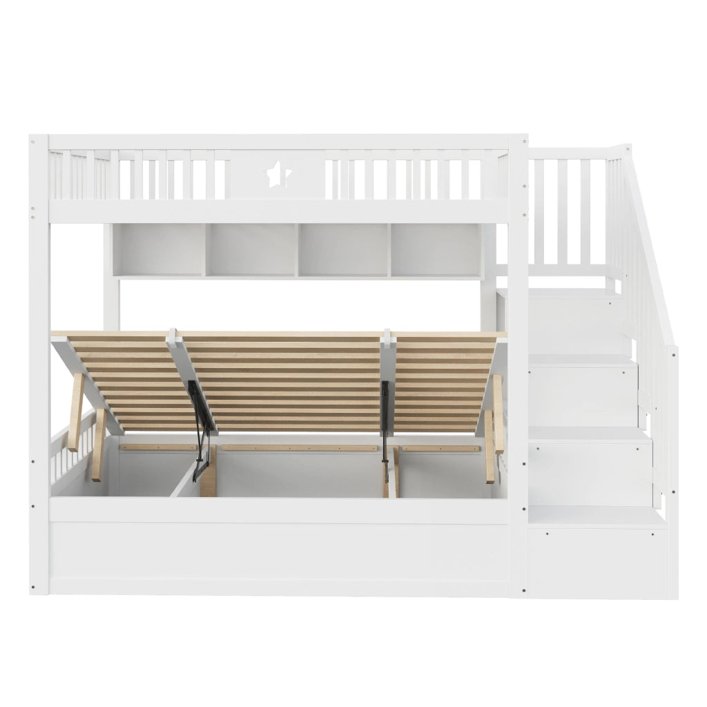Letto a castello in legno 140x200 cm con letto inferiore idraulico, scala contenitore e ripiani, Bianco
