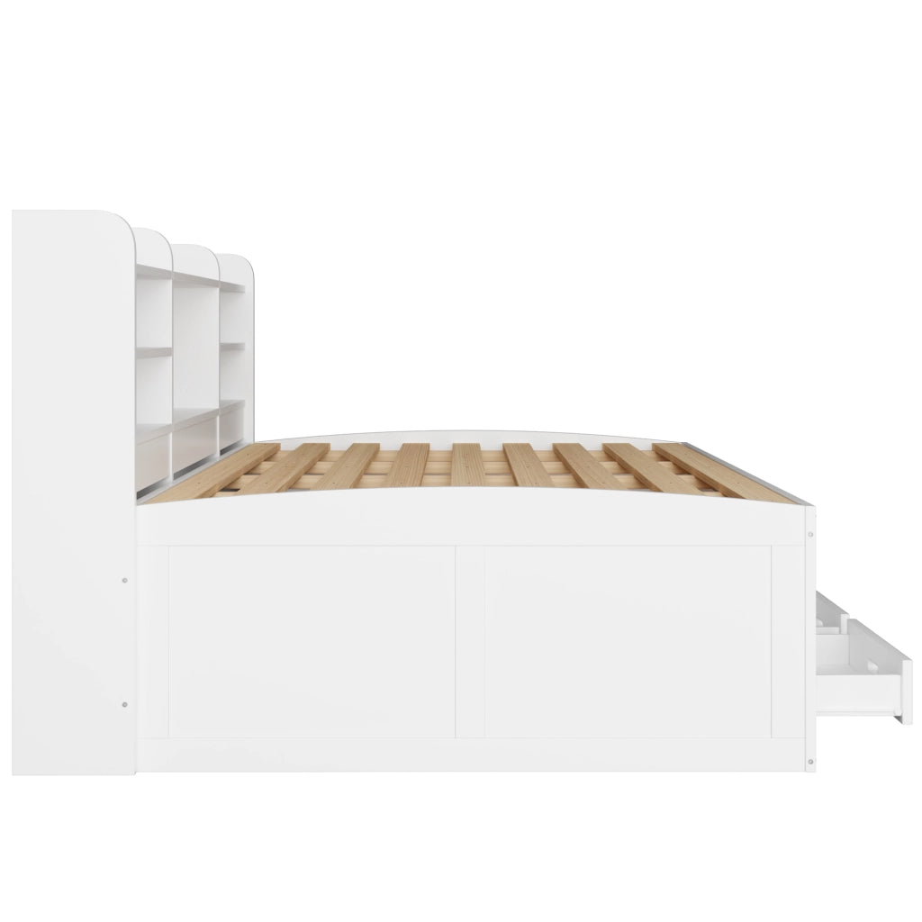 OKWISH Letto a Scomparsa 140×200 cm, Letto Matrimoniale con LED Regolabile, 3 Cassetti, USB, Tipo C e Ripiani, senza Materasso, Bianco