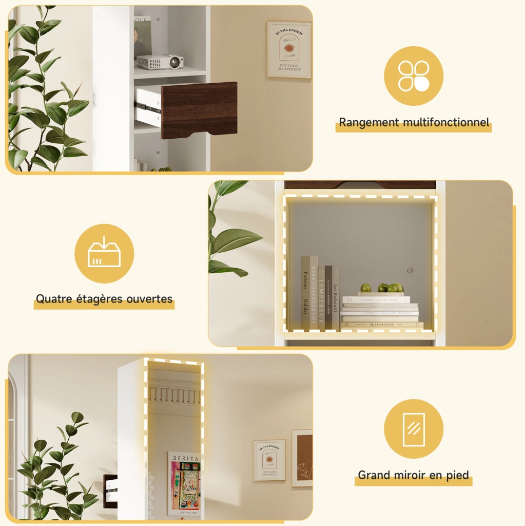 Mobile girevole ULEVR 45x45x168 cm con specchio a figura intera, 4 vani aperti e cassetto, bianco