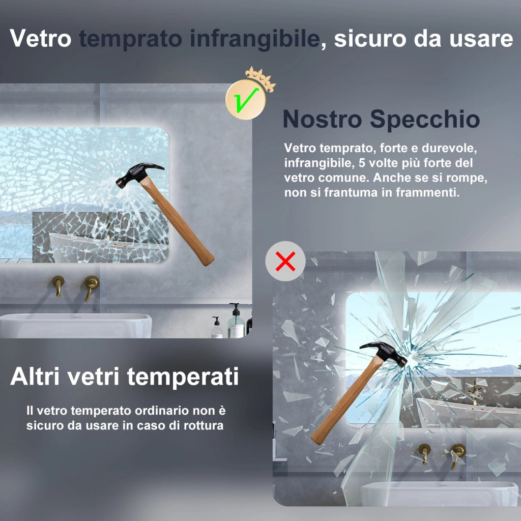 Specchio da bagno Rettangolare con 100x60cm,Memoria,Regorabile,Retroilluminato,doppio interruttore,HD temperato