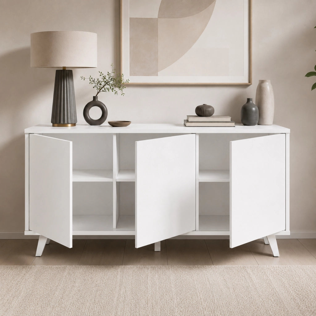 Mobile Contenitore Con 3 Ante Battenti Senza Maniglie Credenza In Melaminico Per Soggiorno Sala Da Pranzo E Ingresso 154 X 41 X 75 Cm Bianco
