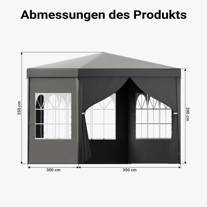 Toboli Gazebo 3 x 3 m in grigio con protezione UV 50+, tendone da giardino con lati rimovibili, tenda da festa con finestre, ad esempio per terrazze e festival
