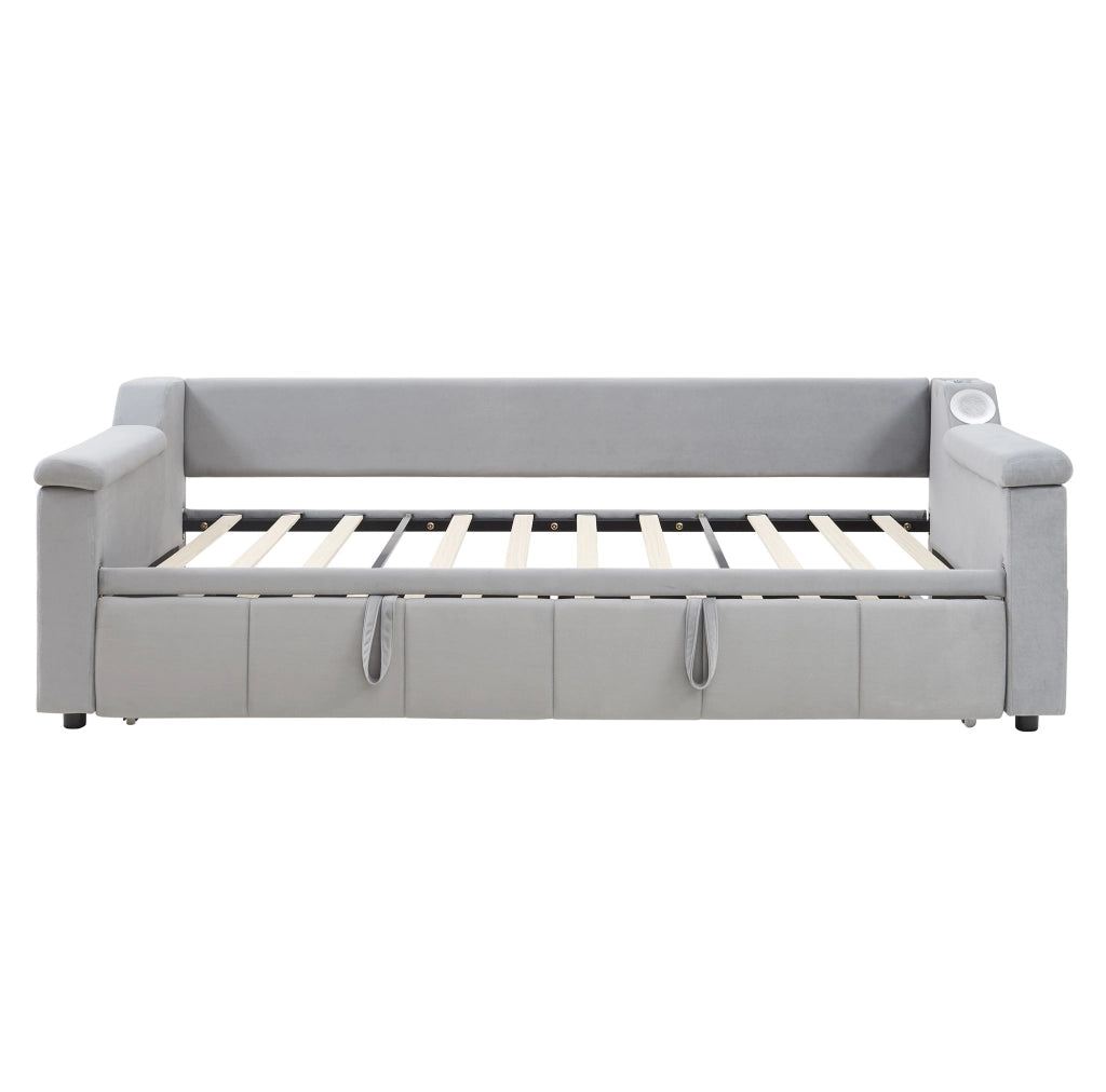 Divano letto imbottito 90/180x190 cm con Bluetooth, USB e ripiani, tessuto velluto grigio chiaro