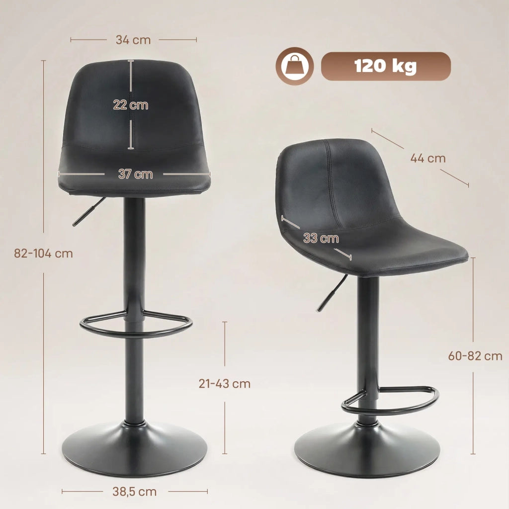 Sgabelli da bar girevoli a 360°, 2 pezzi regolabili in altezza con poggiapiedi, rivestimento in PU nero e base in acciaio