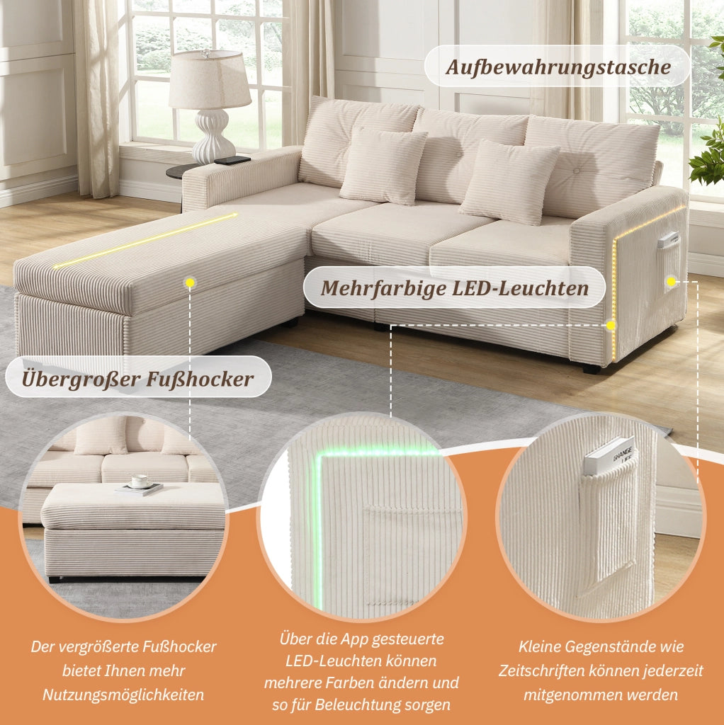 Divano angolare modulare in tessuto cord beige con LED; pouf 98x51 cm e cuscini