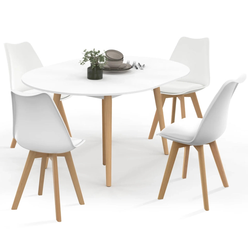 IDMarket - Tavolo da pranzo rotondo allungabile ANGELA bianco con gambe in legno 110 - 150 cm e set di 4 sedie SARA bianche