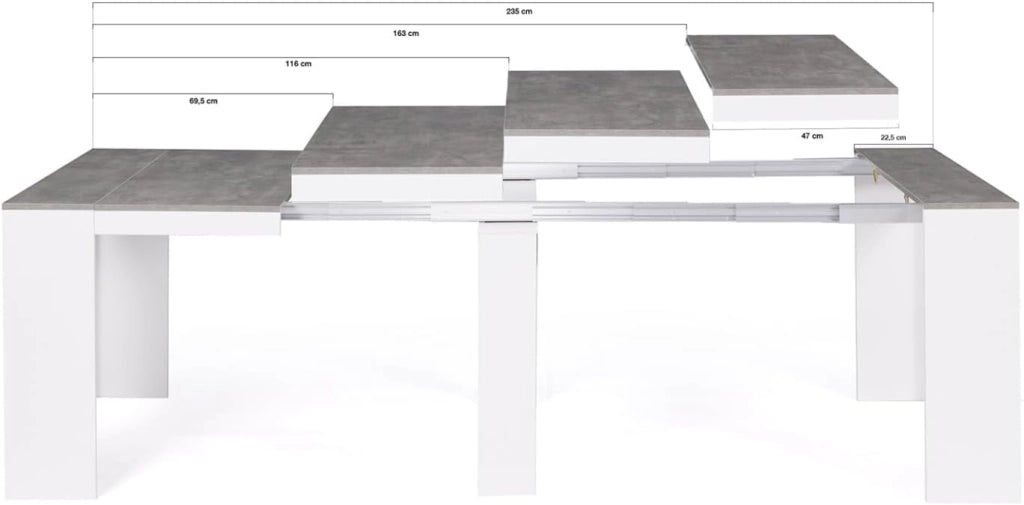 Consolle allungabile ORLANDO, 10 persone, 235 cm, legno bianco ed effetto cemento