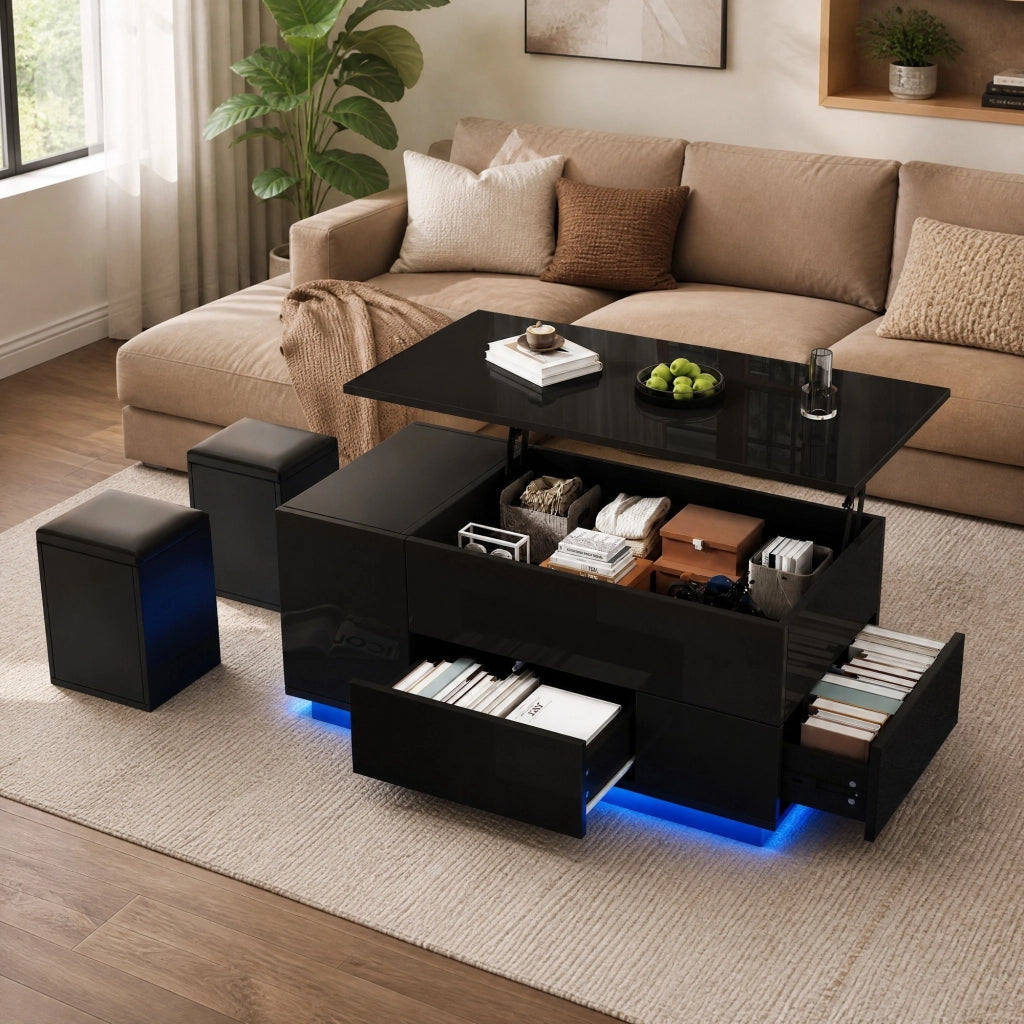 TAVOLINO DA SALOTTO Sollevabile 100 x 50 x 45 cm Nero Lucido con LED e 2 sgabelli