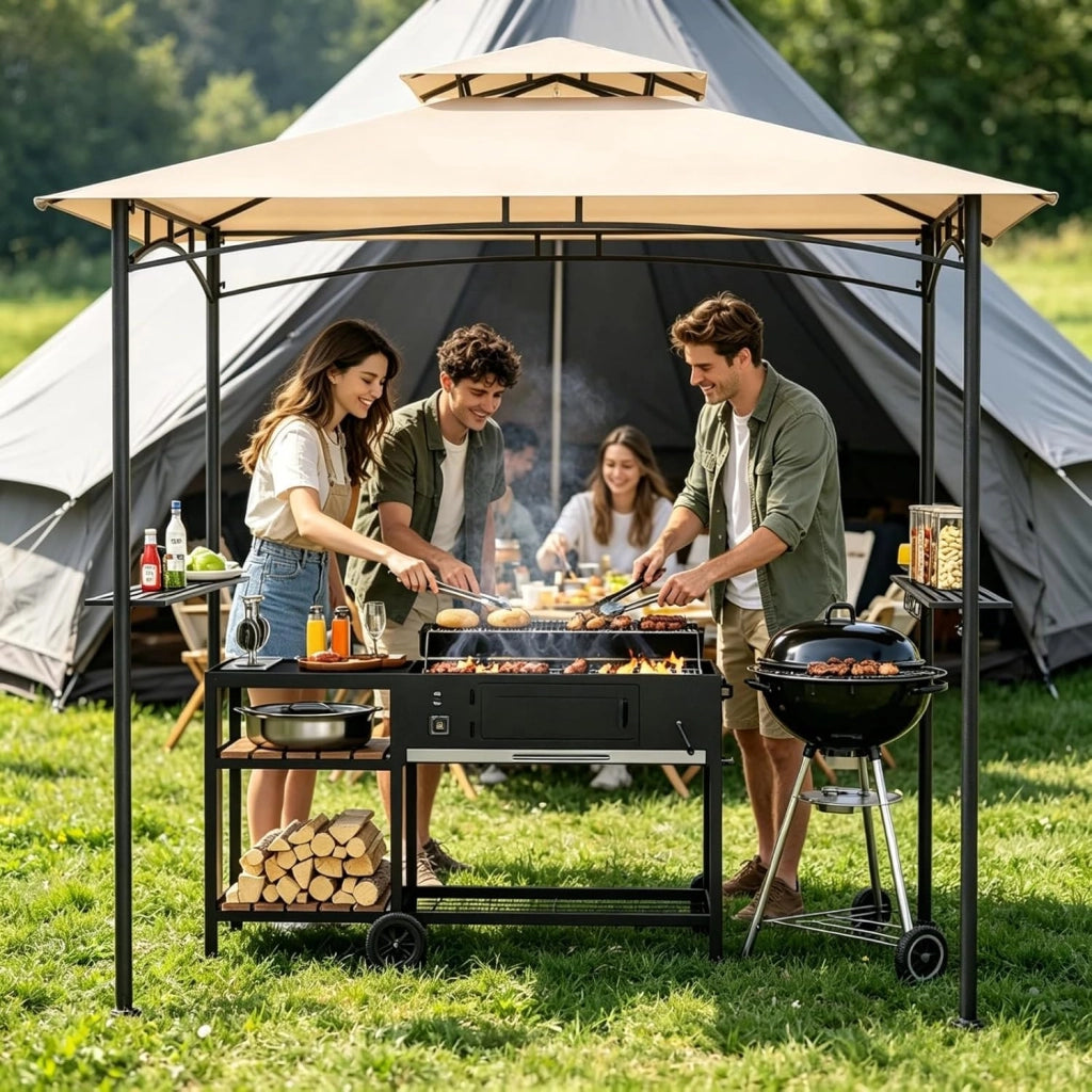 Barbera per barbecue a doppio tetto, gazebo da giardino esterno per griglia, con 2 ripiani e 7 ganci, gazebo da barbecue, per campeggio, picnic, festa, barbecue, 240 x 151 x 255 cm (Beige)