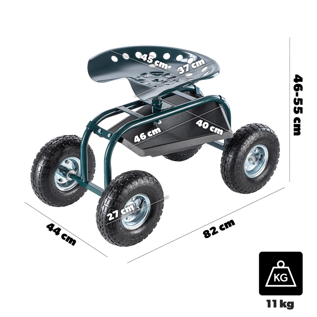 Sgabello da giardino KADAX con ruote, panca, sedile e vano portaoggetti, portata fino a 150 kg.