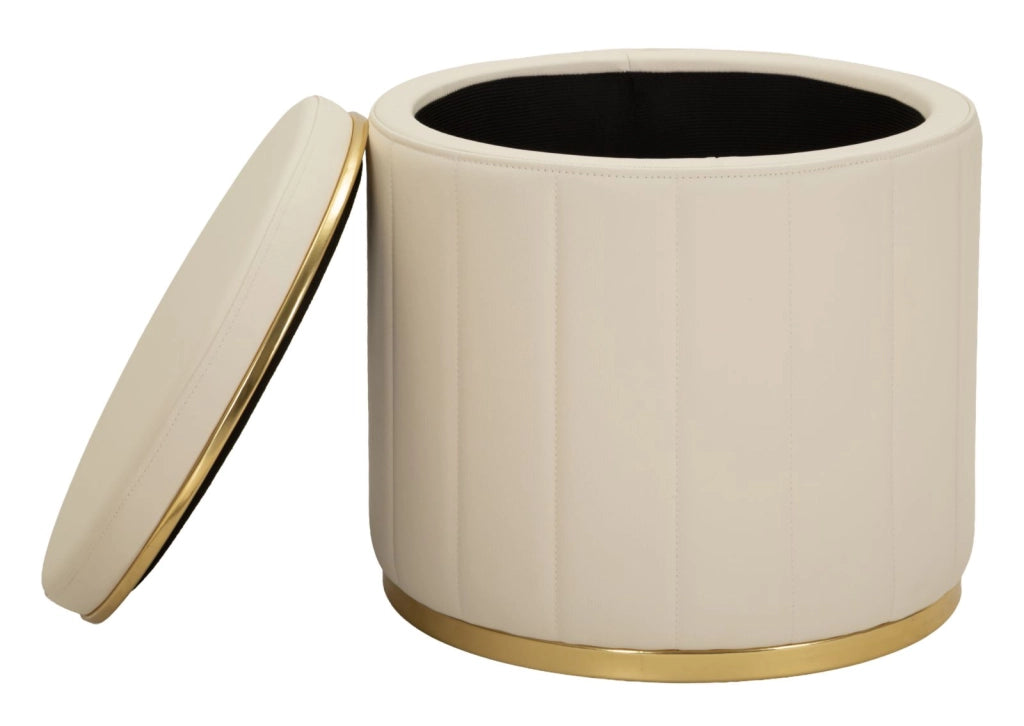Puff con Contenitore London Crema Ø46,5x44 cm in Pino e MDF e Spugna e Metallo e PU