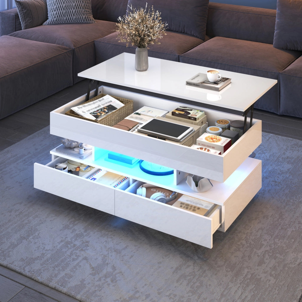 Tavolino basso sollevabile con LED, 2 cassetti e vani contenitore, per soggiorno, in truciolare, bianco 100 × 50 × 45 cm