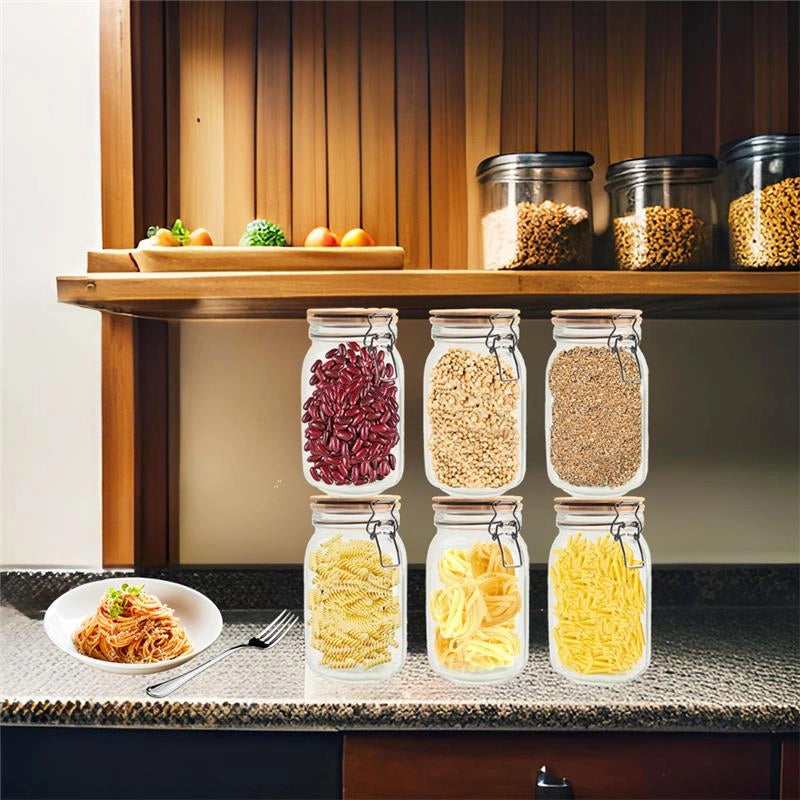 MA MAISON SET 6 PURE GLAS BARATTOLI IN VETRO CON TAPPO IN LEGNO CHIUSURA A CLIP + ETICHETTA PER PERSONALIZZAZIONE 12X12X20H CM