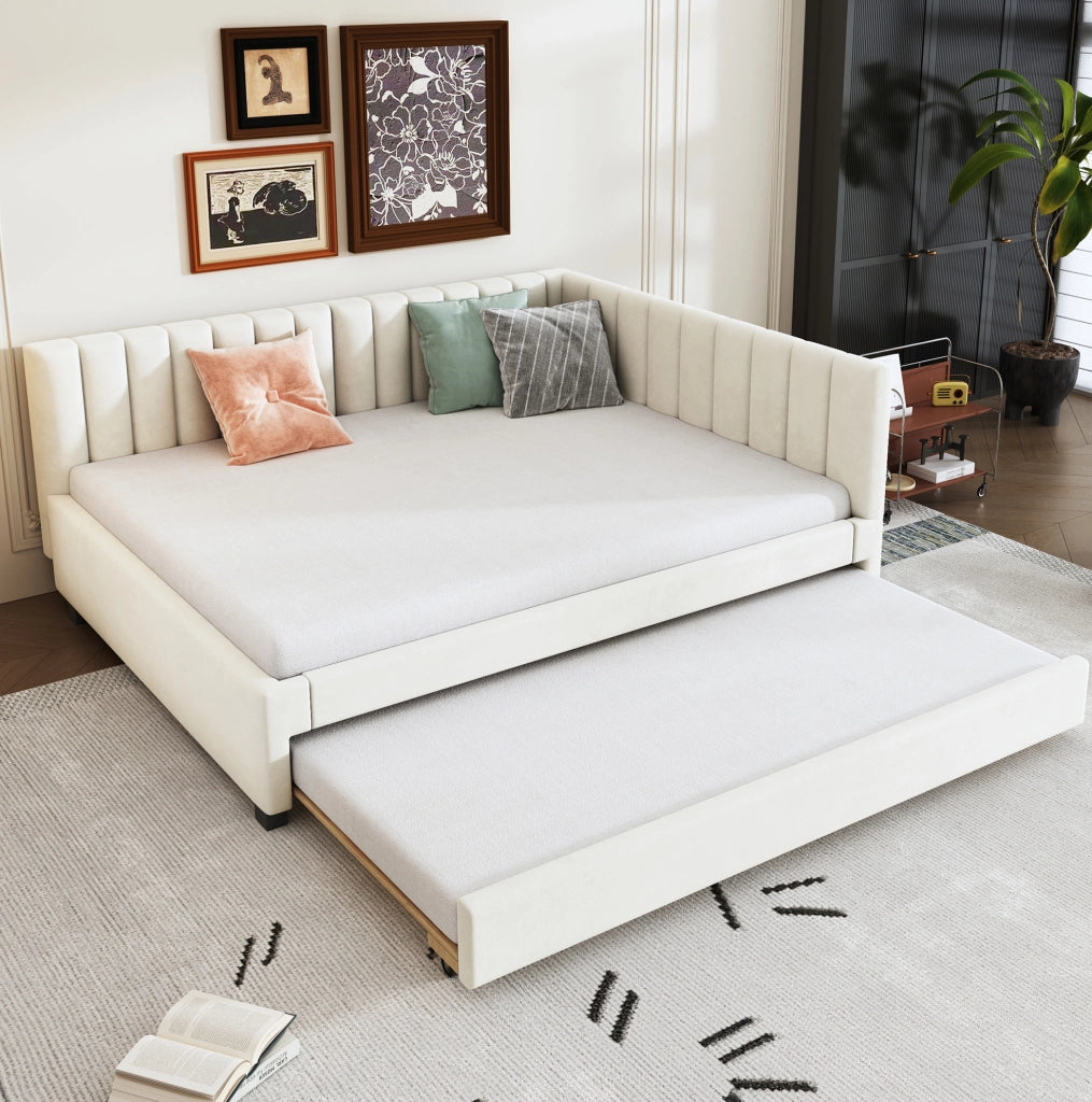 Letto imbottito 140x200 con letto estraibile in velluto beige