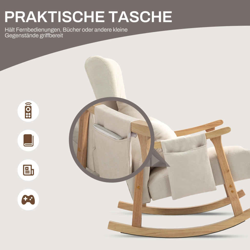 Poltrona a dondolo imbottita con cuscino lombare e tasche laterali struttura in faggio in poliestere beige
