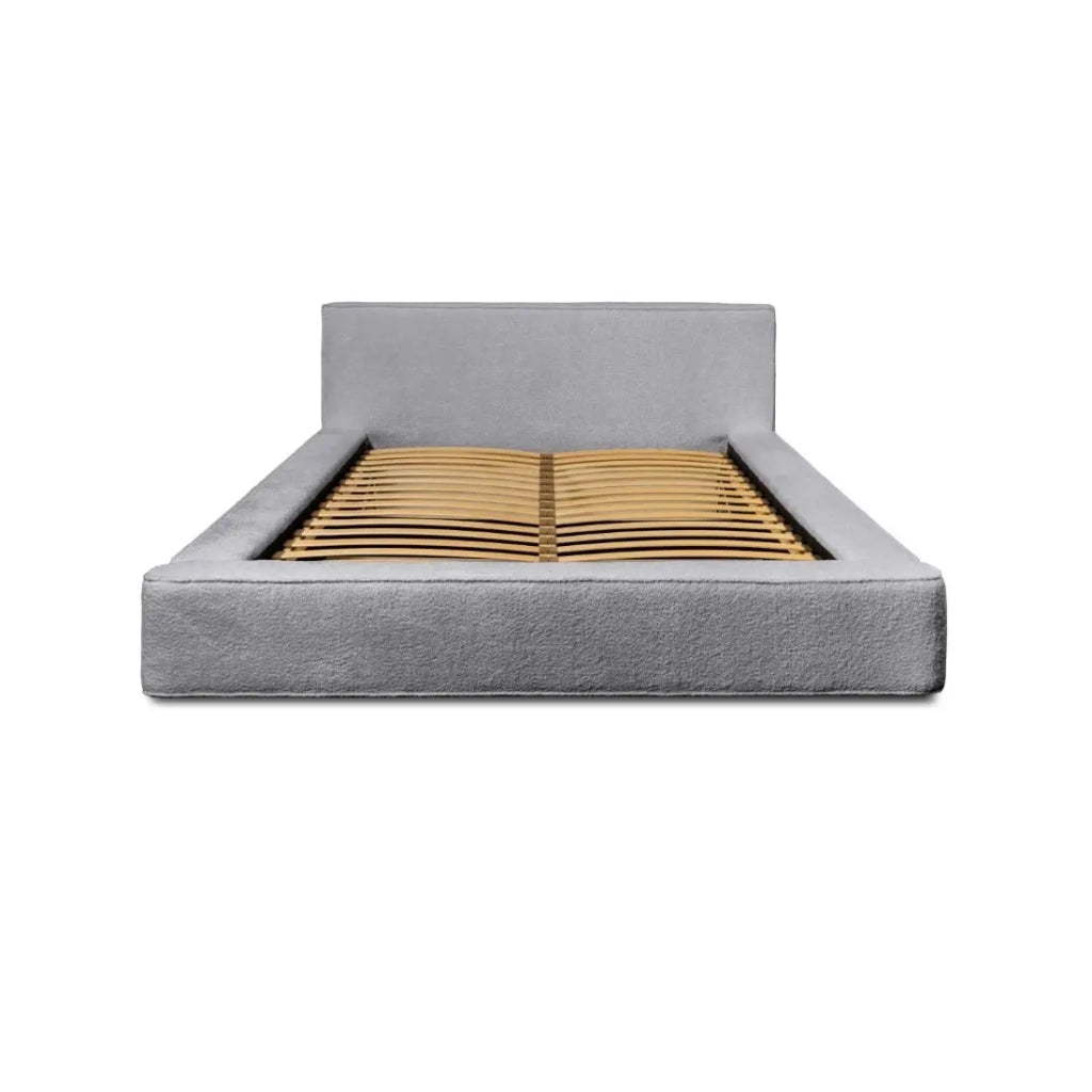 Lettino contenitore VELORA – Grigio perla bouclé – 140x200 cm – Tessuto velluto morbido – Rete sollevabile – Contenitore integrato