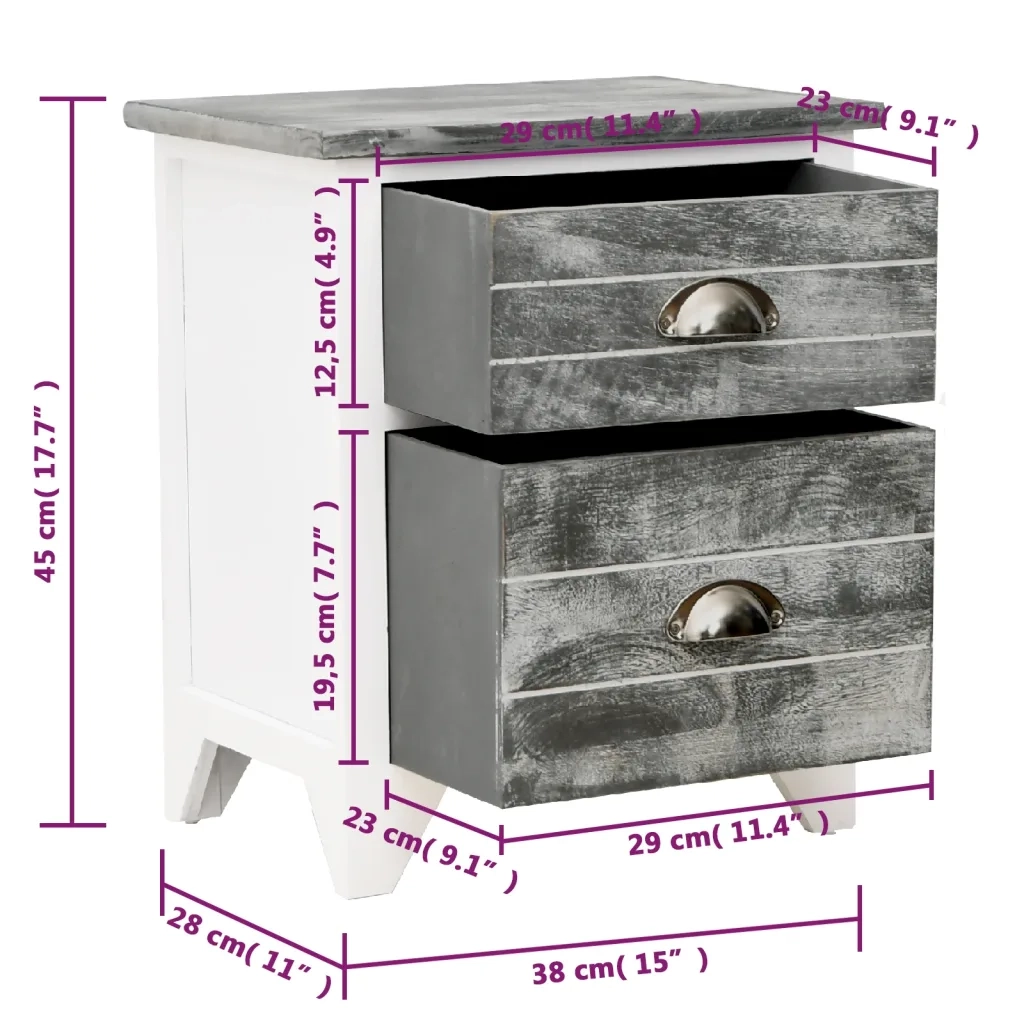 Comodino-Tavolino da notte Grigio e Bianco 38x28x45 cm in Legno di Paulownia