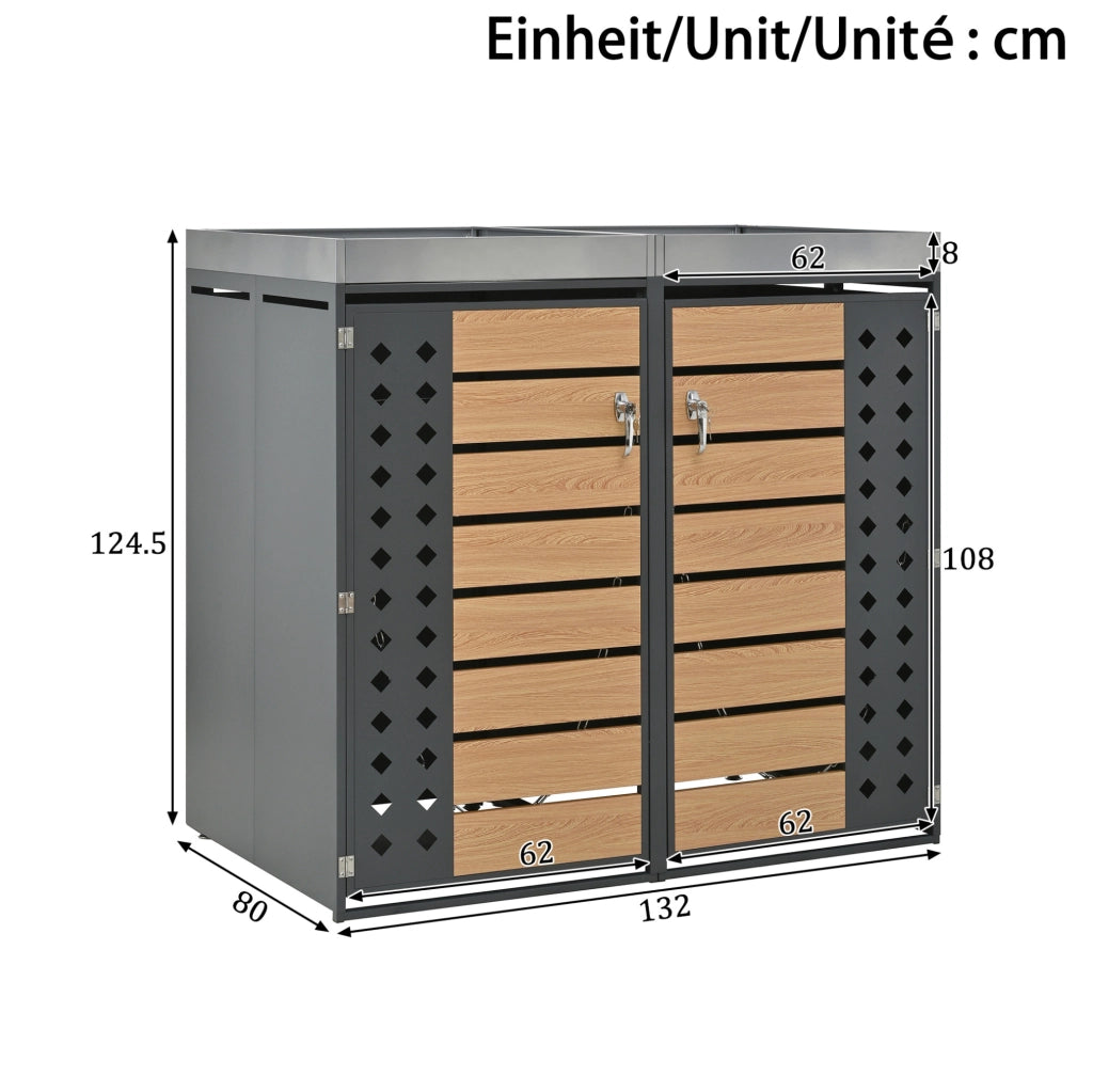 Porta bidoni da esterno con fioriera integrata; 2 vani; 132x80x124;6 cm; grigio e legno