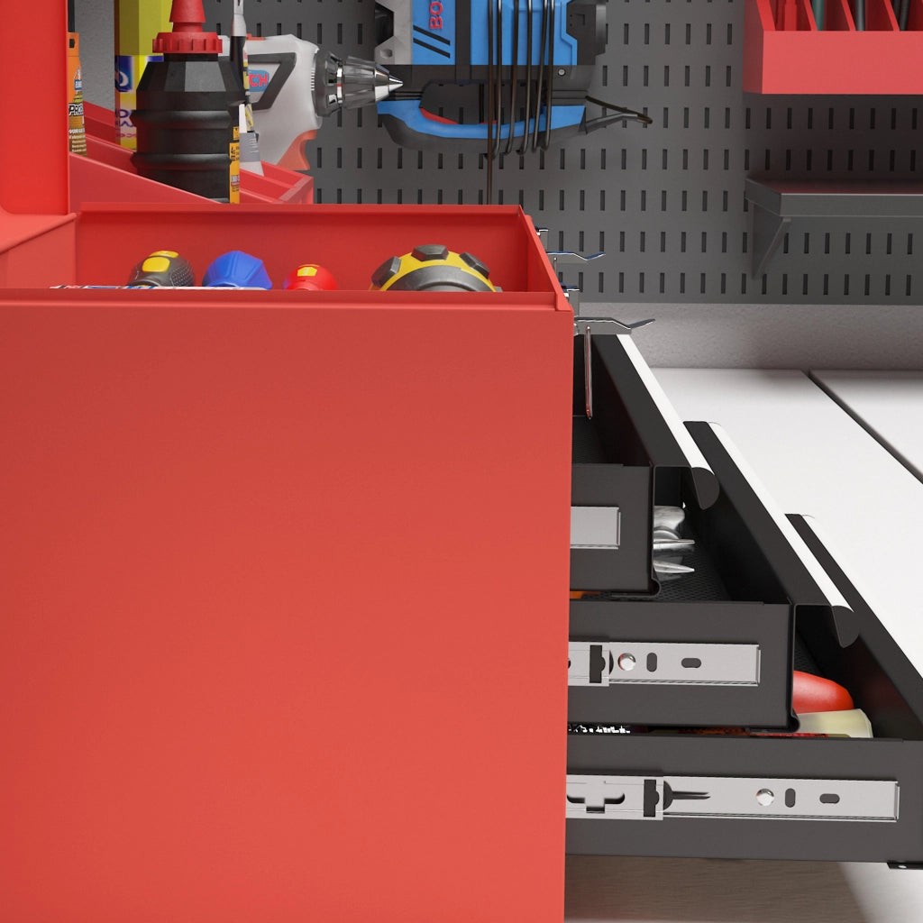 Cassetta portautensili in acciaio rosso con 3 cassetti e vano superiore 45 x 24 x 27 cm
