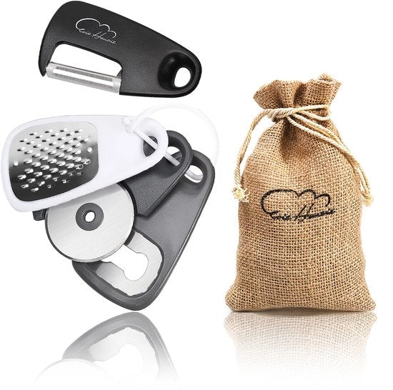 Set da cucina 5 pezzi - accessori da cucina spazievatori: raspatore formaggio, raspatore cioccolato, schiaccia frutta e verdura, apripetalo, affettatrice pizza, sacchetto di juta con set di regalo con cordino di trascinamento