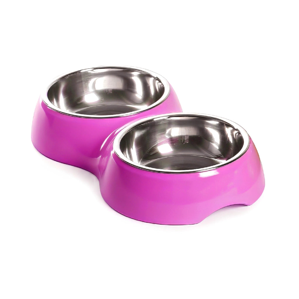 Ciotola Doppia per Cani e Gatti con 2 Vaschette in Acciaio Inox da 0,8 L, Dispenser Acqua e Cibo, Base in Plastica Resistente, 20,5 x 20,5 x 6 cm Viola