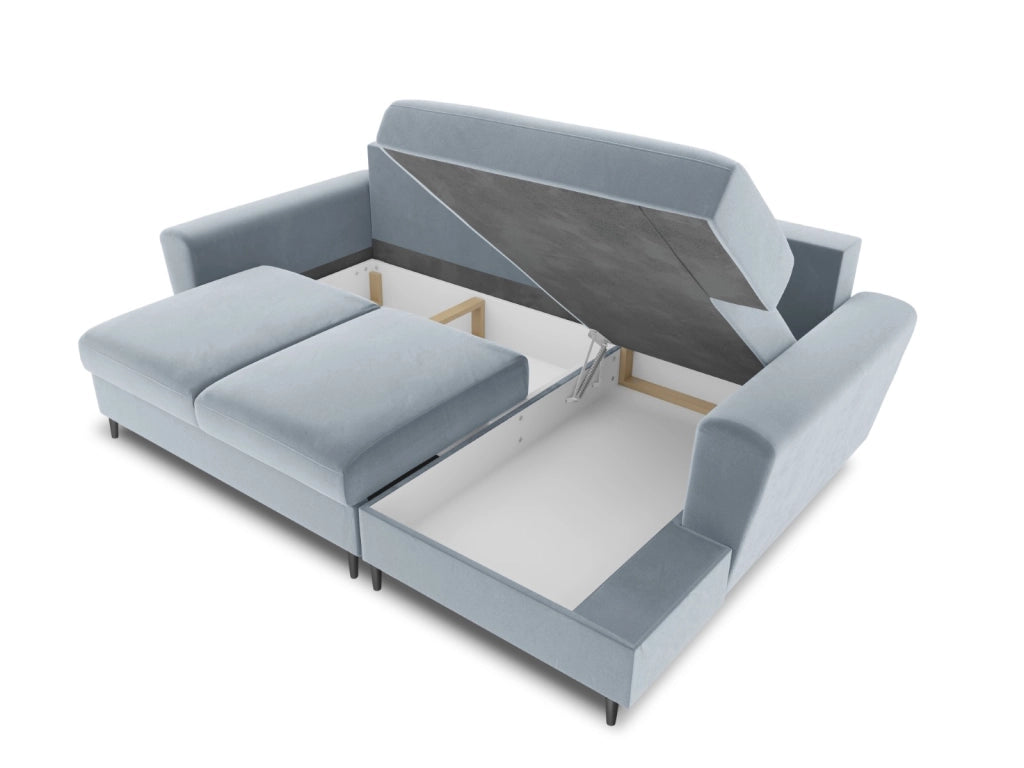 Cosmopolitan Design - Divano convertibile angolare destro con contenitore "Kyoto" 4 posti in velluto azzurro 