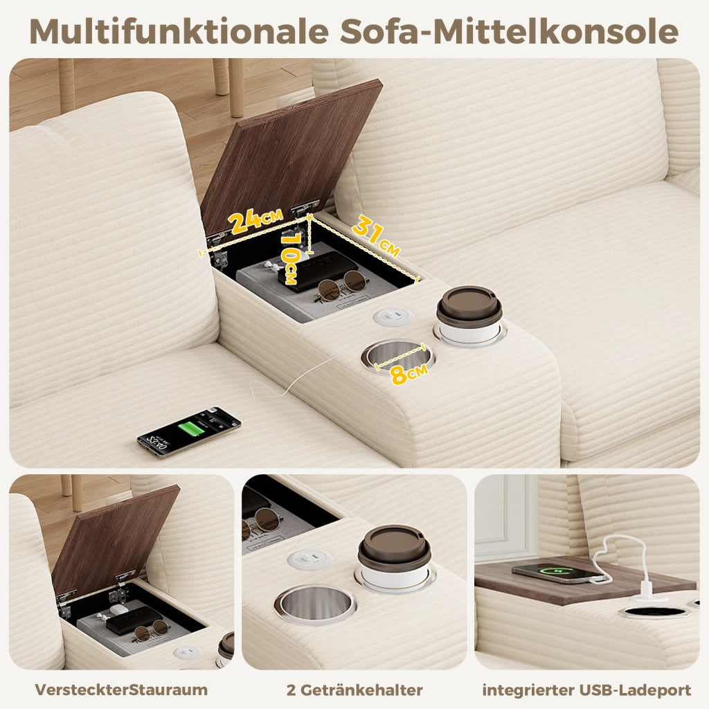 Divano angolare modulare 6 posti con pouf contenitore console mobile e porte usb type c in tessuto beige