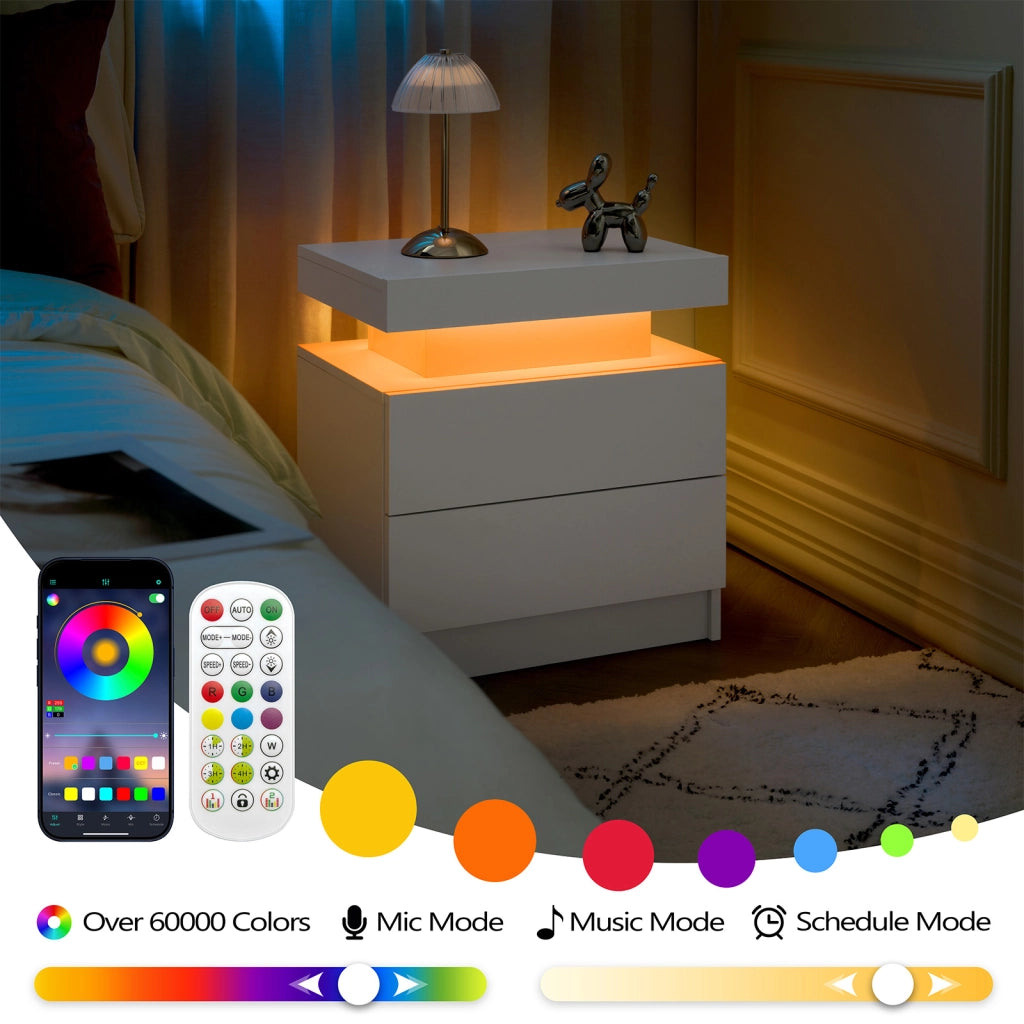 Comodino con 2 cassetti e LED regolabile per camera da letto e soggiorno; in legno ingegnerizzato; bianco