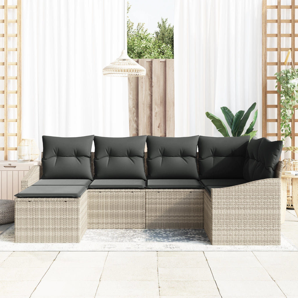 Set da Pranzo da Giardino a 6 Pezzi con Cuscini Grigio Chiaro in Rattan Poliestere