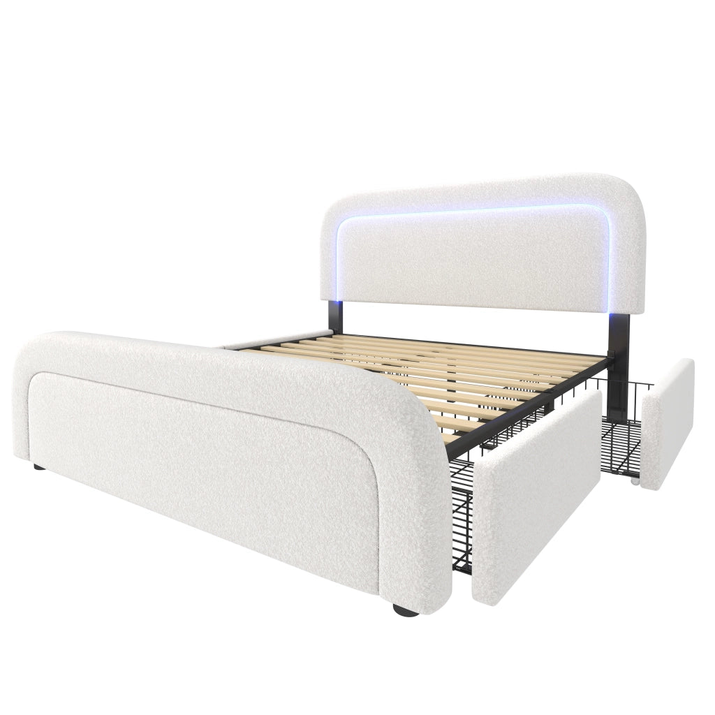 Letto matrimoniale 140x200 cm in Sherpa bianco con USB-C, LED e 4 cassetti
