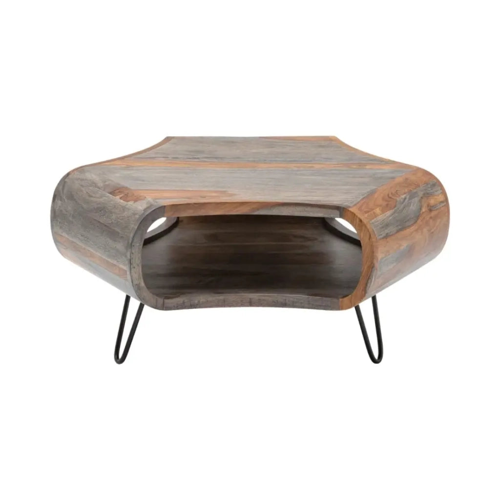 Tavolino basso NERA 80 cm in legno massiccio di Sheesham marrone e grigio con nicchia – design retro industriale