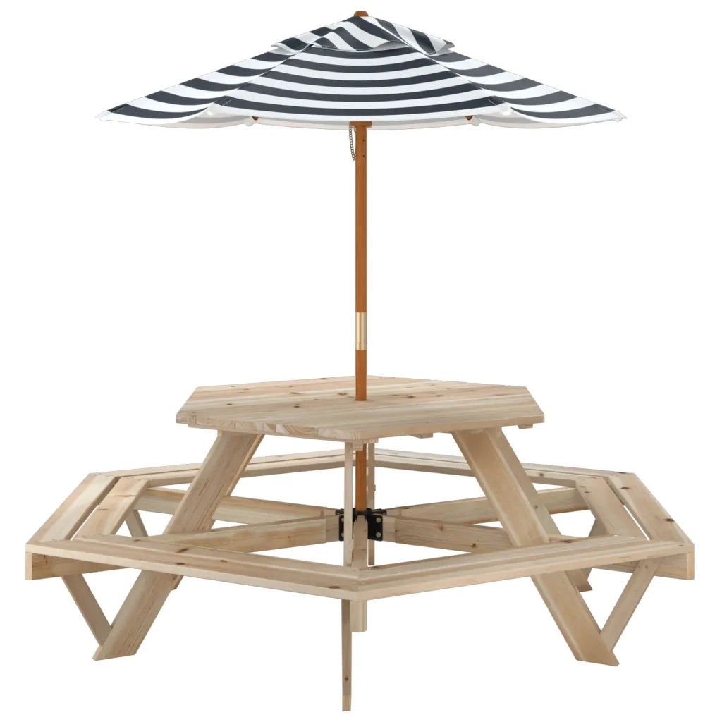 vidaXL Tavolo Picnic per 6 Bambini con Ombrellone Esagono Legno Abete