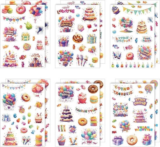 Sticker per Festa di Compleanno - 12 Foglietti Sticker per Carte di Auguri e Decorazione DIY (6 Stili)