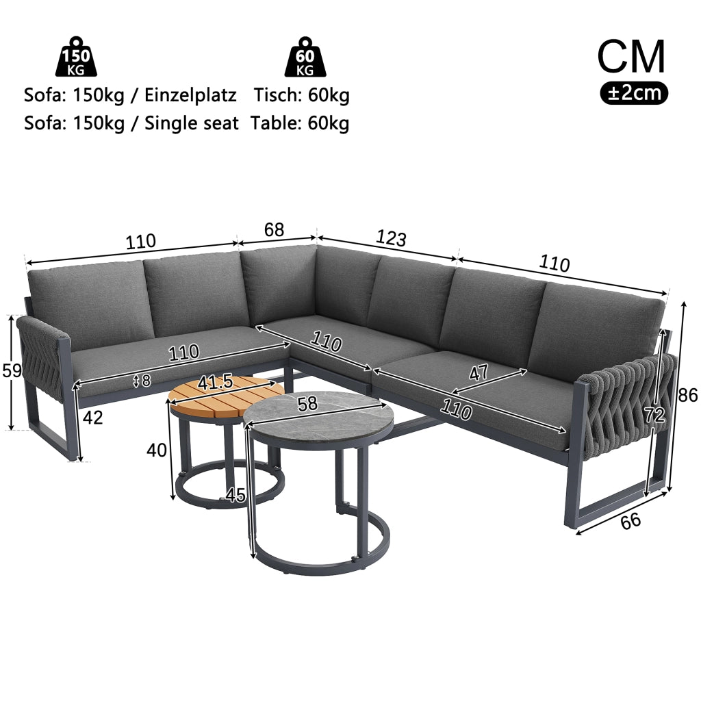 OKWISH Set da 5 mobili da giardino con 2 divani singoli, 1 divano angolare e 2 tavoli, Olefin Grigio