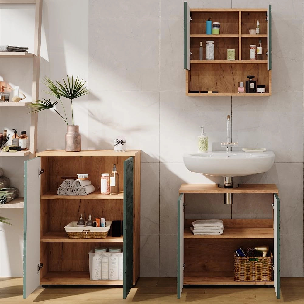 Set mobili bagno Irma, Quercia verde/oro, 3 parti, con unità di base 60 cm, composto da mobile sottolavabo, specchiera e mobile medio