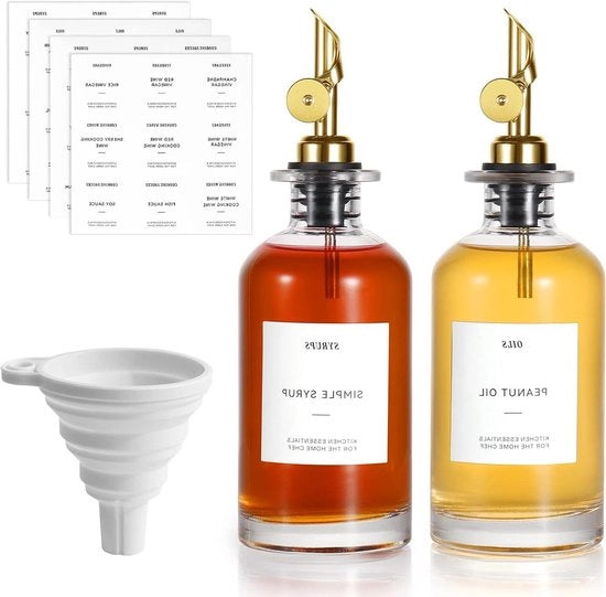 Set di flaconi di olio di oliva in vetro e dispensatore per cucina - inclusi etichette e ciotola