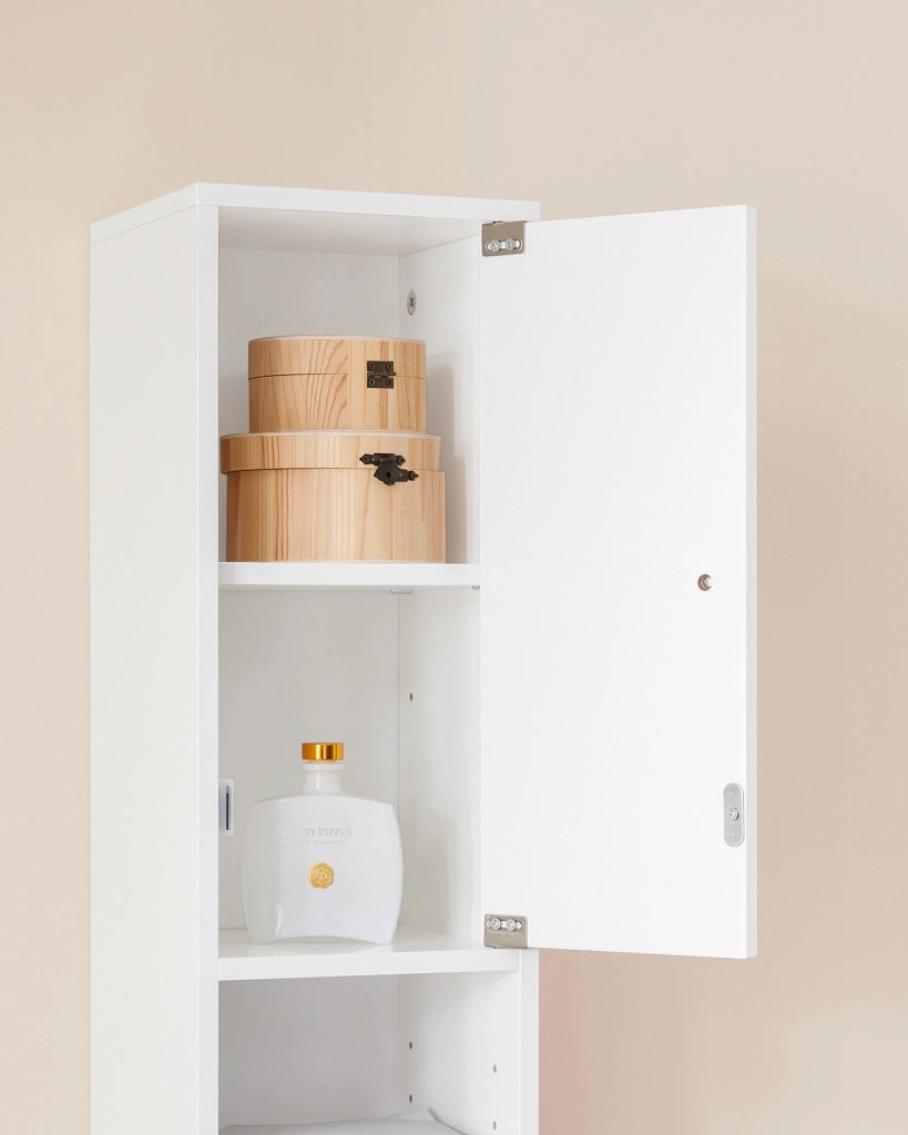 SoBuy Armadio colonna bagno, Mobile alto con 2 Ante e 1 cassetto, Mobiletto salvaspazio per Bagno, Lavanderia, WC o Cucina 20x20x180 Bianco Lucido BZR167-GW