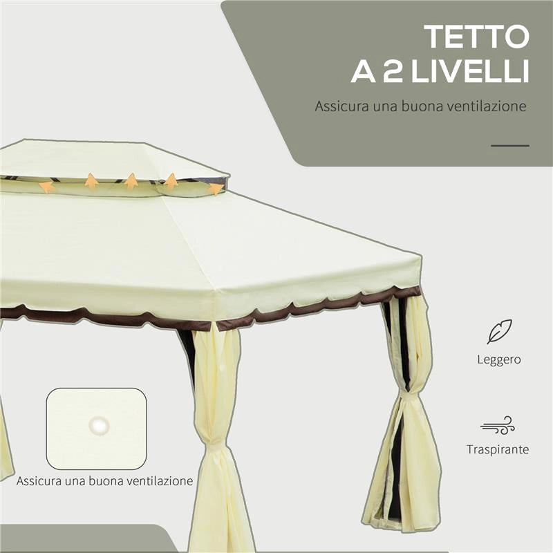 GAZEBO DA GIARDINO 4X3 M CON ZANZARIERA E TENDE, TETTO DOPPIO E RIVESTIMENTO ANTI-UV, CREMA