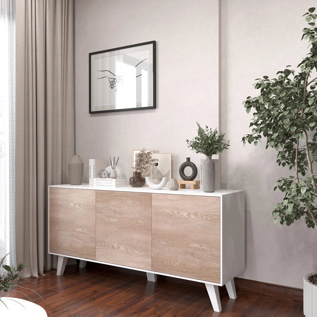 Mobiletto Credenza Da Soggiorno Con 3 Ante Ideale Per Salotto Ingresso E Sala Da Pranzo 154 X 41 X 75 Cm Bianco Lucido Rovere Chiaro