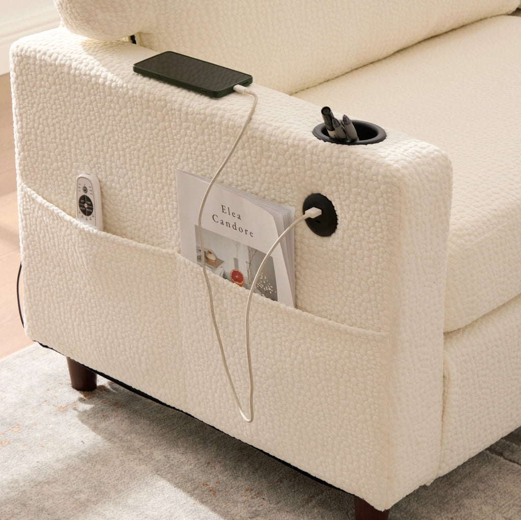 Divano a due posti beige in chenille con USB-C, LED e portabevande