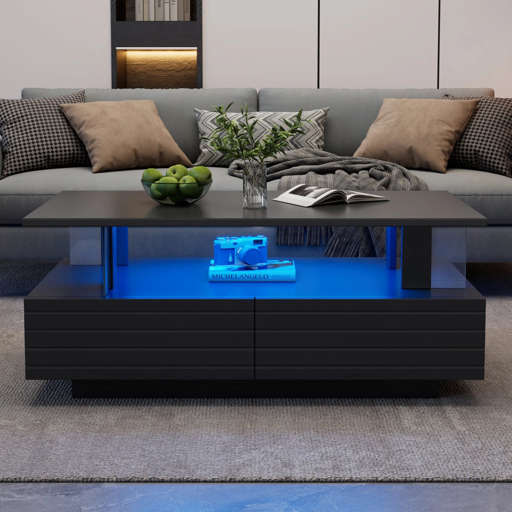 TAVOLO DA CAFFÈ LED 100x50x42 cm in acrilico nero con 2 cassetti