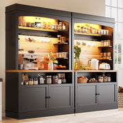 OKWISH Credenza Cucina Alta con 2 Ante, Ripiano Aperto, 6 Ganci e LED, per Cucina, Nero 107 × 43 × 184 cm