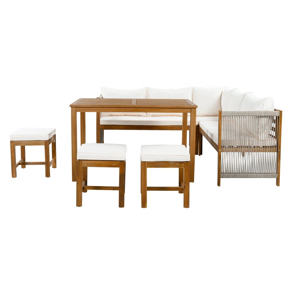 Set da giardino con divano angolare - Zephmum- Per 7-8 persone, tavolo e sedie in polirattano, cuscini, colore beige+naturale